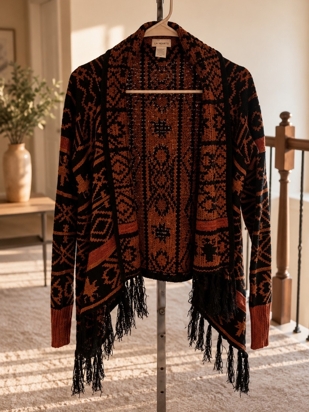 Self Esteem Black & Rust Aztec Fringe Open Cardigan Sweater